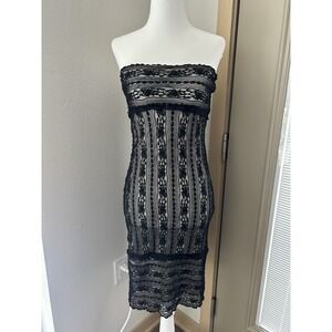 VTG Strapless Black Lace Sheer Mini Dress Y2K Whimsigoth Dark Coquette Feminine